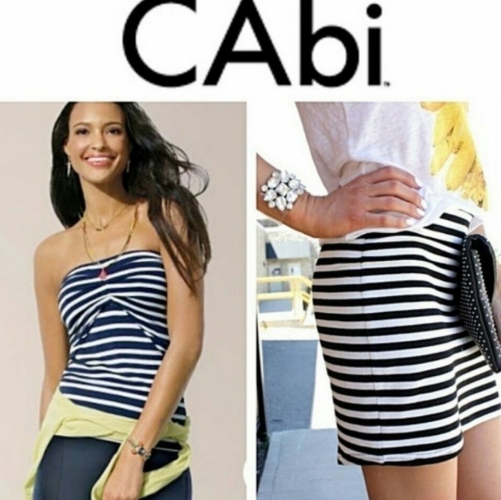 Cabi #789 Blaine 2 Way Navy Blue and White Stripe Tube Top or Mini Skirt